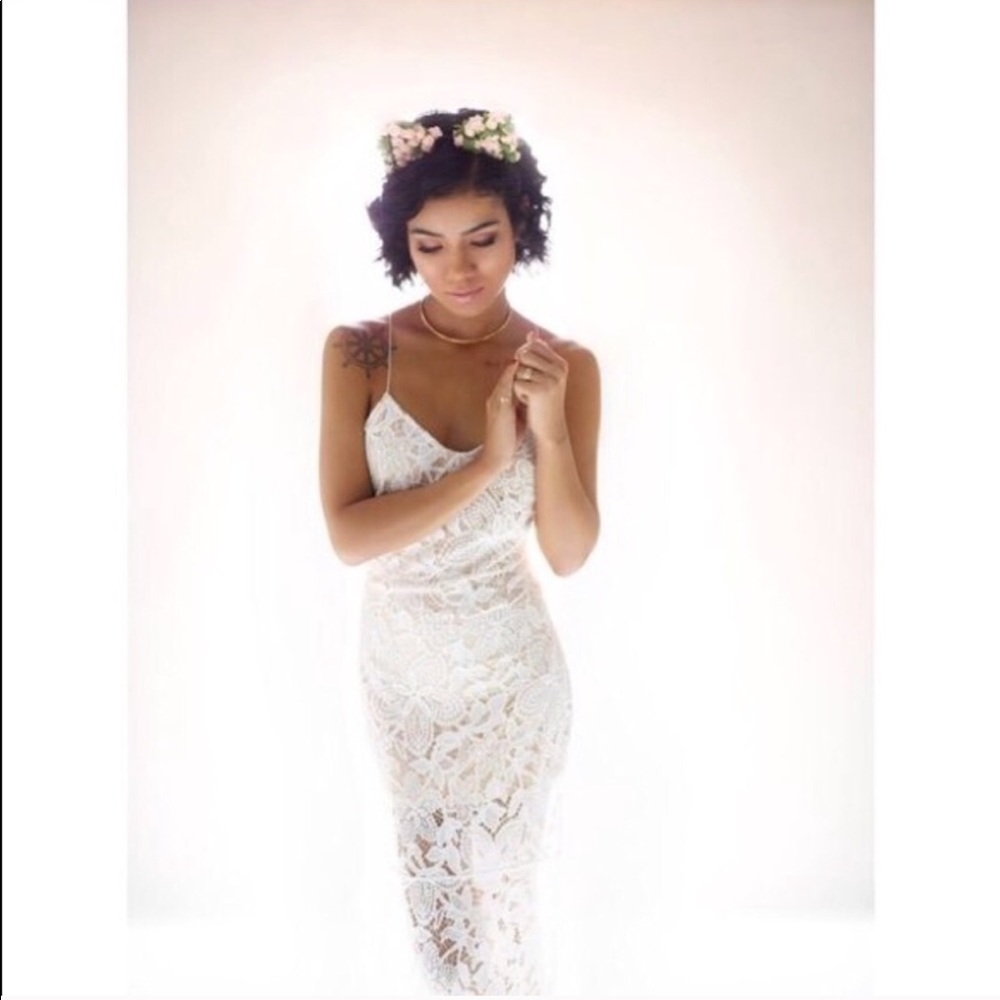 Jhene Aiko x Lovers + Friends Reflection REVOLVE white lace maxi dress